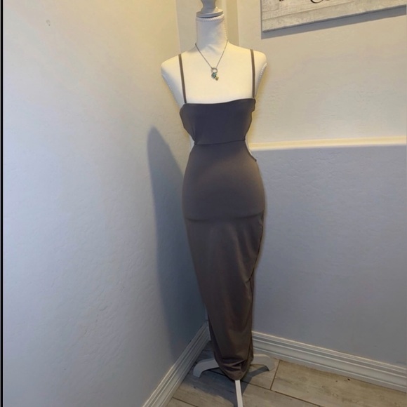 Taupe Cut Out Maxi Dress Adjustable Straps Bodycon Minimalist - Picture 3 of 5
